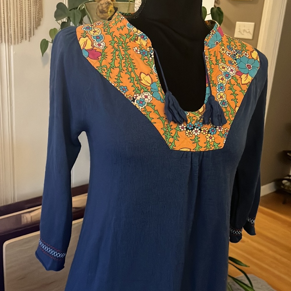 Navy Free People Sweater Dress with Floral Pattern Neckline, size Medium